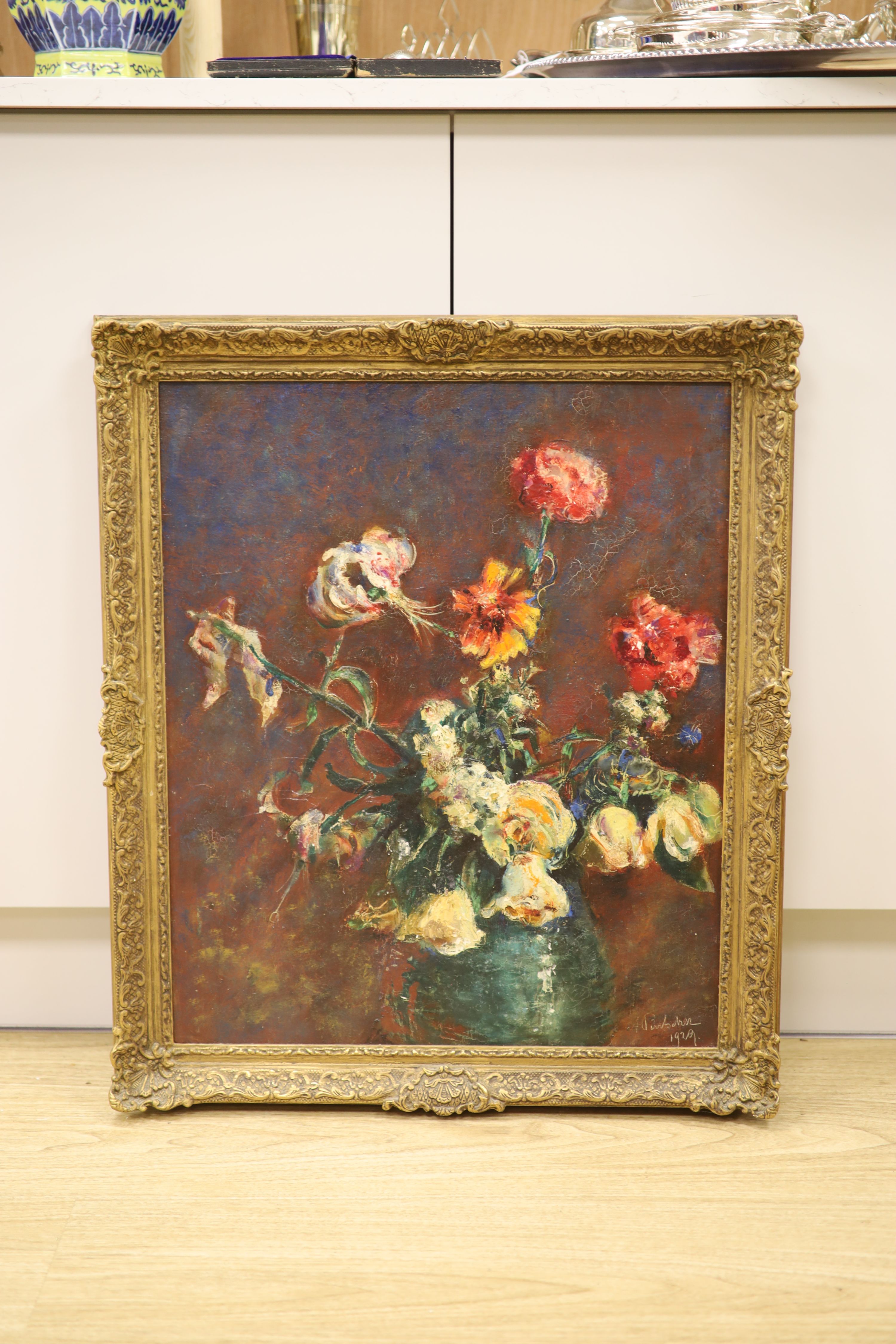 A. Pivitscher, oil on canvas, Still life vase of flowers, signed and dated 1929, 60 x 50cm